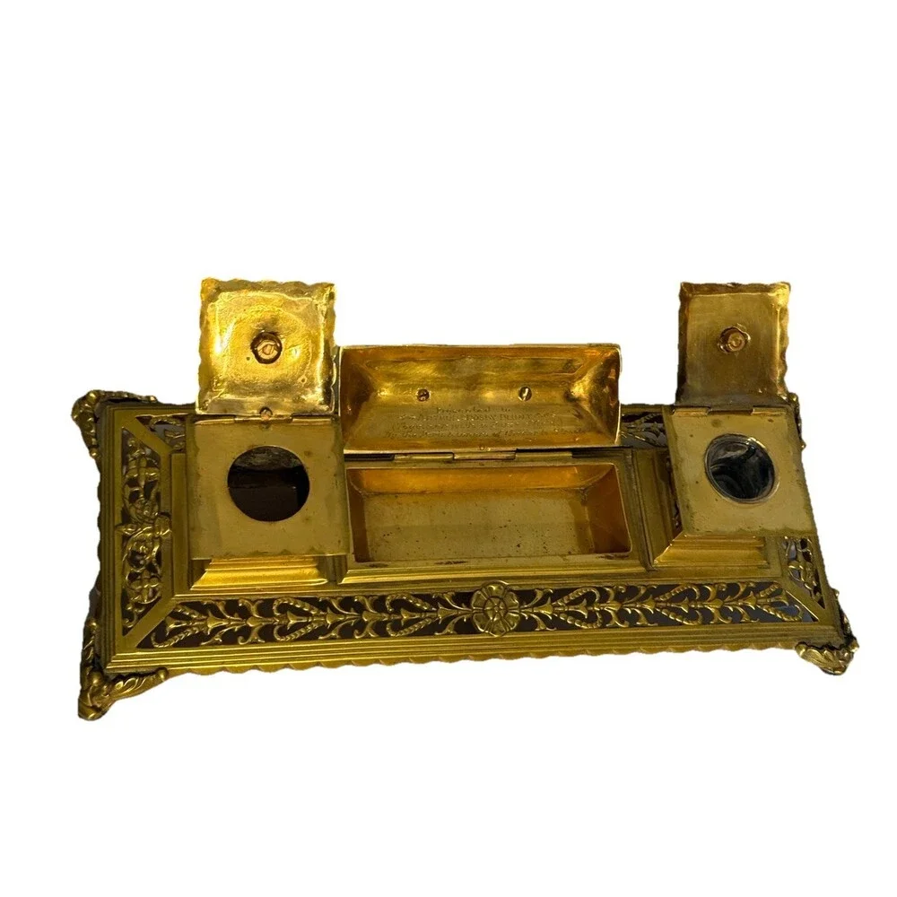 1890 Antique Gilt Bronze Double Inkwell Extraordinary Engraved Heavy Solid Vntg
